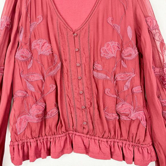 Anthropologie Embroidered Floral Top Size XL Wine Buttondown Boho Sheer Sleeve - Picture 5 of 10